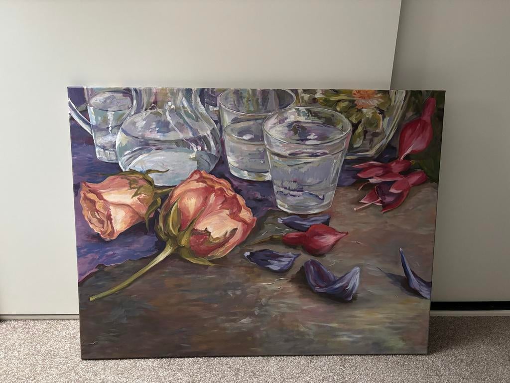 Handgeschilderd stilleven met rozen en glazen, Antiek en Kunst, Kunst | Schilderijen | Klassiek, Ophalen