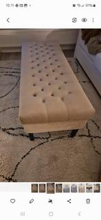 Rofra taupe velour gecapitonneerd bankje, Ophalen, Tweepersoons, 75 tot 100 cm, Zo goed als nieuw