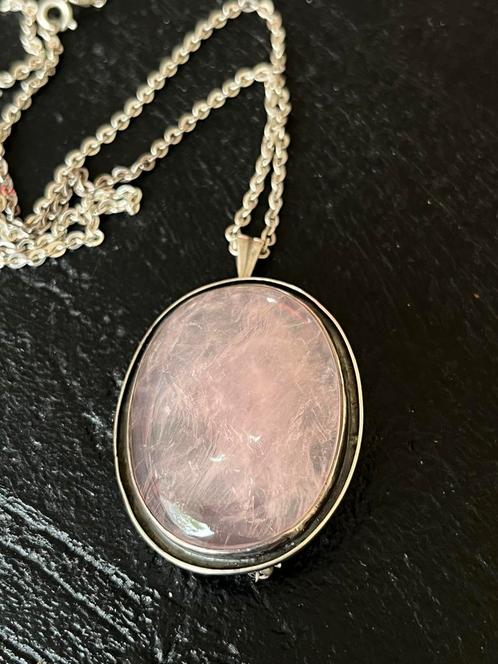 Zilveren ketting met ROYALE ROZENKWARTS HANGER, Sieraden, Tassen en Uiterlijk, Kettingen, Zo goed als nieuw, Zilver, Zilver, Met hanger