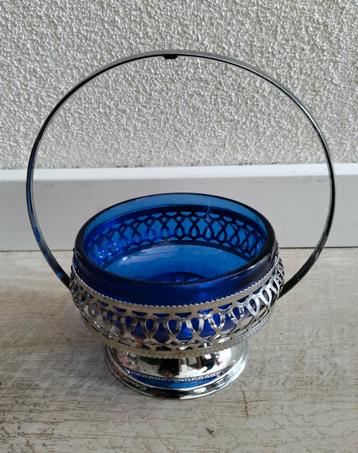 Bonbonschaal,Suikerschaal,blauw,glas,cobalt,zilverkleur,Jam beschikbaar voor biedingen