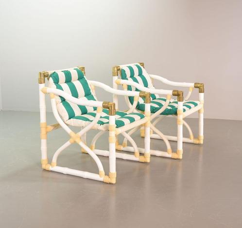 Vintage Kettal tuinstoelen, bamboe & messing, set van 2, 70s, Tuin en Terras, Tuinstoelen, Gebruikt, Kunststof, Ophalen