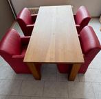 Blank houten eettafel met 4 rode fauteuils, Ophalen, Gebruikt, Rood, Vijf, Zes of meer stoelen