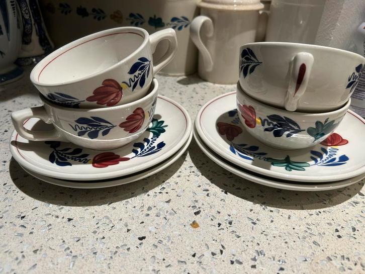 Boerenbont Theekopjes met Schotels (4 stuks), Huis en Inrichting, Keuken | Servies, Zo goed als nieuw, Kop(pen) en/of Schotel(s)