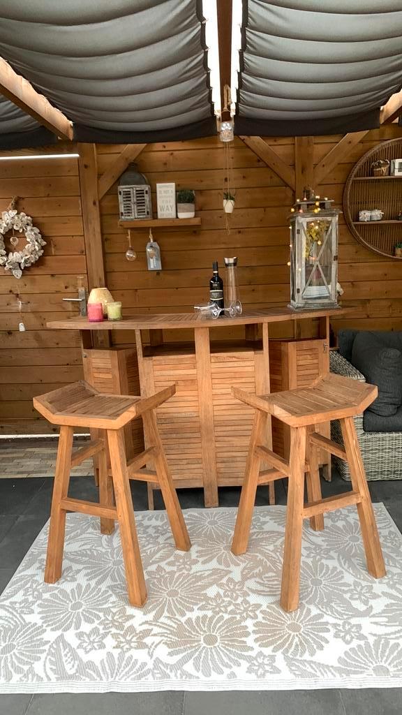 Bar teak en 2 barkrukken teak voor in de tuin, Tuin en Terras, Tuintafels, Zo goed als nieuw, Rechthoekig, Teakhout, Ophalen