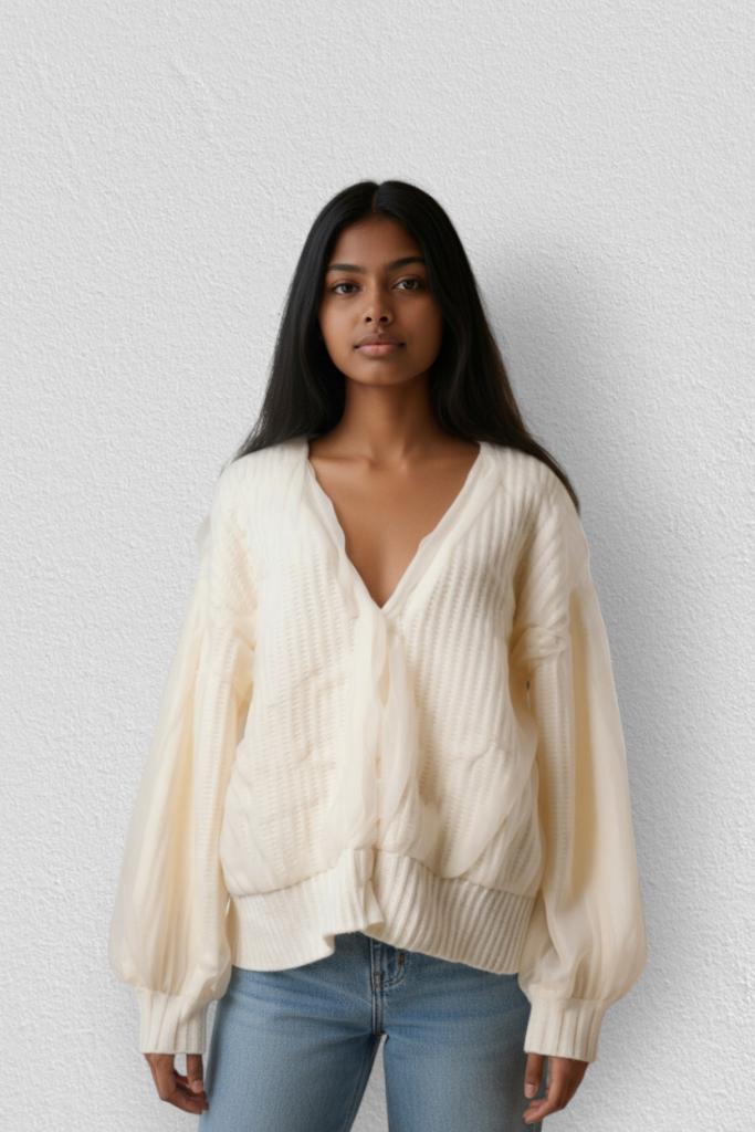 Nice Claup – Delicate White Puffed-Sleeve Cardigan – S 👒👠, Kleding | Dames, Truien en Vesten, Zo goed als nieuw, Maat 36 (S)
