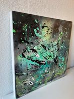 Abstract Schilderij met Groene en Zwarte Spatten, Antiek en Kunst, Ophalen