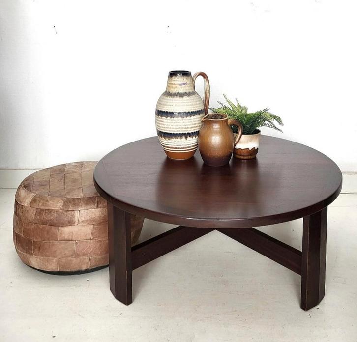 Vintage robuuste ronde salontafel japandi, Huis en Inrichting, Tafels | Salontafels, Zo goed als nieuw, Minder dan 50 cm, 50 tot 100 cm