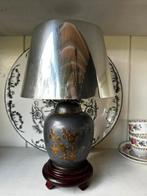 Oude Chinees tinnen lamp met houten onderkant incl kap, Antiek en Kunst, Antiek | Lampen, Ophalen of Verzenden