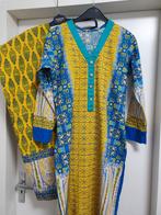 Maat M Geel Blauw Indiase Kameez Broek Sjaal 3-delig, Maat 38/40 (M), Geel, Ophalen of Verzenden, Zo goed als nieuw