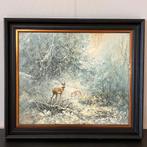 Vintage schilderij met herten in winterbos – 73x63 cm, Antiek en Kunst, Ophalen