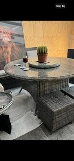 Tuin tafel grijs wicker met glasplaat bijna nieuw, Ophalen, Zo goed als nieuw, Rond, Wicker