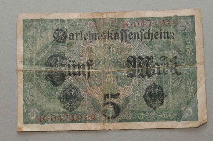 Darlehenskassenschein 5 Mark., Postzegels en Munten, Bankbiljetten | Europa | Eurobiljetten, Los biljet, Duitsland, Ophalen of Verzenden