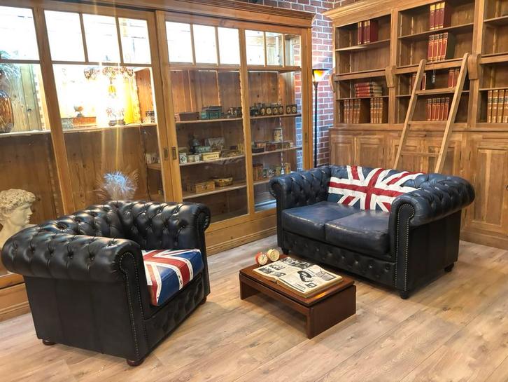 Chesterfield jeans blue Union Jack leren 2&1 zits, Huis en Inrichting, Banken | Bankstellen, 75 tot 100 cm, Leer, Ophalen