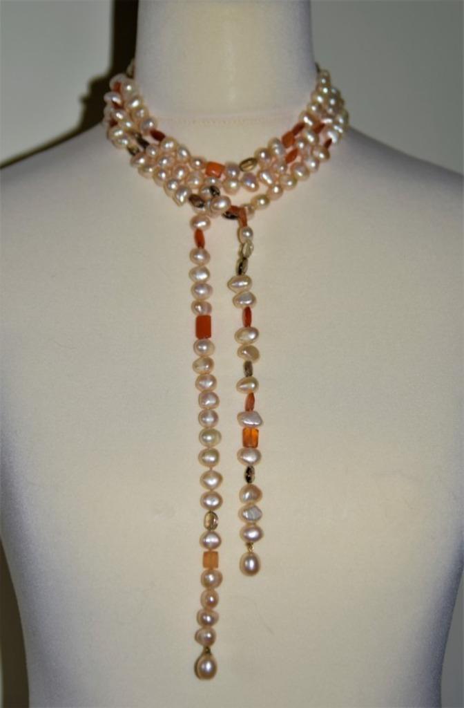 Lange ketting met zoetwaterparels/carneool/rookkwarts, Sieraden, Tassen en Uiterlijk, Kettingen, Nieuw, Steen of Mineraal, Wit