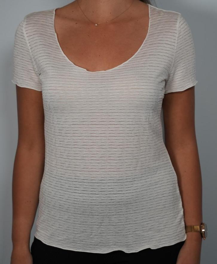 extured sheer white tee – scoop neck, airy knit, size L, Kleding | Dames, Tops, Zo goed als nieuw, Maat 42/44 (L), Wit, Korte mouw