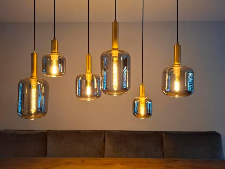6 x rookgas lampen lucide hanglamp gerookt glas 130 cm breed, Huis en Inrichting, Lampen | Hanglampen, Zo goed als nieuw, 75 cm of meer