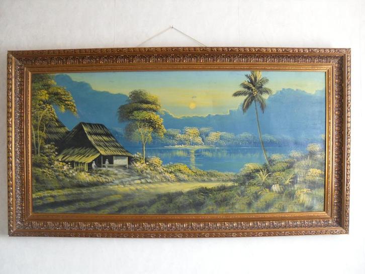 Groot schilderij uit Indonesië met prachtige barokke lijst, Antiek en Kunst, Kunst | Schilderijen | Klassiek, Ophalen
