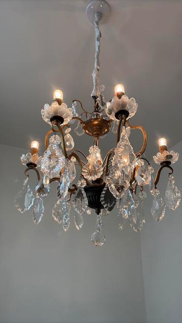 Franse kroonluchter, vintage, brocante kristal met 6 lampen beschikbaar voor biedingen