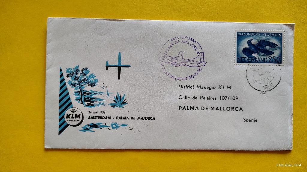 5x KLM Amsterdam-Palma de Mallorca 26-4-1956, Ophalen of Verzenden, Envelop