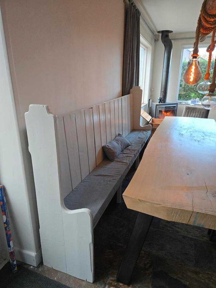 Antieke Kerkbank - Lichtgrijs & Antraciet - 255cm, Antiek en Kunst, Antiek | Meubels | Stoelen en Banken, Ophalen