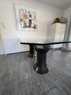 Glazen tafelblad op marmer zuilen / eethoektafel, Ophalen, 50 tot 100 cm, Zo goed als nieuw, Vijf personen of meer