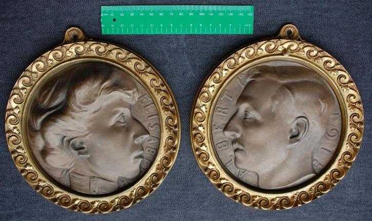 bronzen plaquettes, Albert I en Elisabeth 1915 Leon Vogelaar, Postzegels en Munten, Penningen en Medailles, Brons, Buitenland