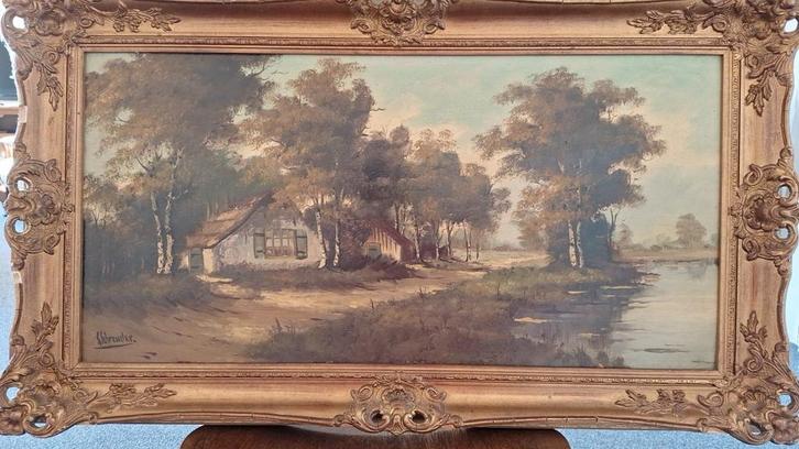 Sfeervol landschap schilderij – gesigneerd S. Schreuder, Antiek en Kunst, Kunst | Schilderijen | Klassiek, Ophalen