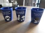 Drie Blue Band melkbekers met tekst, Huis en Inrichting, Keuken | Servies, Ophalen of Verzenden, Gebruikt, Overige stijlen, Overige typen