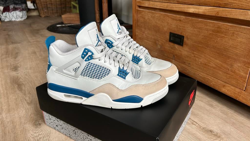 Air Jordan 4 Retro Military Blue - maat 45,5, Ophalen of Verzenden, Zo goed als nieuw, Blauw, Sneakers of Gympen