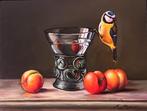 Schilderij pruimen, pimpelmees op een glas., Antiek en Kunst, Ophalen of Verzenden