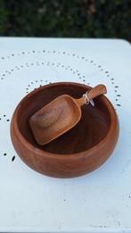 Vintage houten schaal, salade bak, rijstschotel met schep, Gebruikt, Vintage, Rond, Ophalen of Verzenden