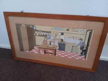 Oude tekening schoolplaat (litho?) in lijst met glas keuken  beschikbaar voor biedingen