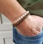 Heren Armband gevlochten Leer met Maifan Edelstenen., Sieraden, Tassen en Uiterlijk, Armbanden, Met edelsteen, Verzenden, Beige
