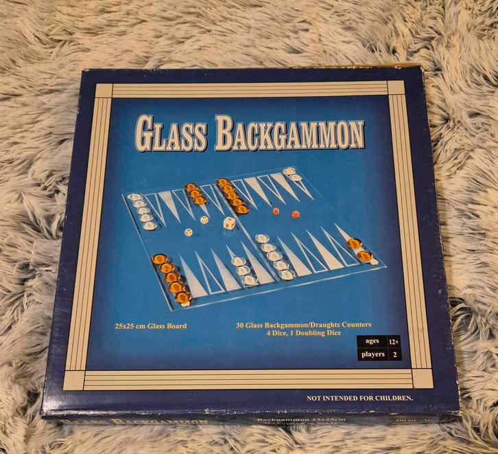Glazen Backgammon Bordspel - nieuw in doos, Hobby en Vrije tijd, Gezelschapsspellen | Bordspellen, Nieuw, Een of twee spelers