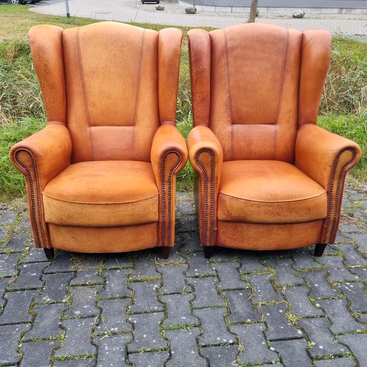 2 geleefde Schapenleren joris fauteuils + BEZORGING, Huis en Inrichting, Fauteuils, Gebruikt, Leer, 75 tot 100 cm, Ophalen of Verzenden