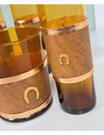 Antiek 1950 5 wisky glazen + ijsemmer amber leder hoefijzer, Ophalen of Verzenden, Zo goed als nieuw, H, H