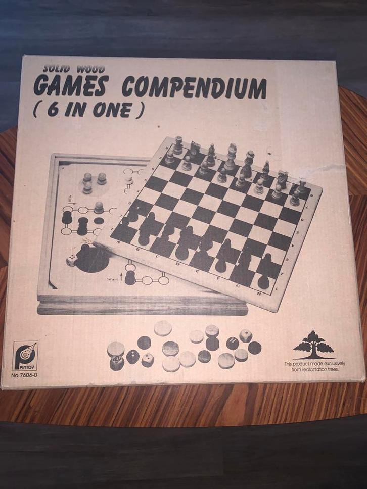 Houten Spellen Compendium (6 in 1), Hobby en Vrije tijd, Gezelschapsspellen | Bordspellen, Zo goed als nieuw, Een of twee spelers