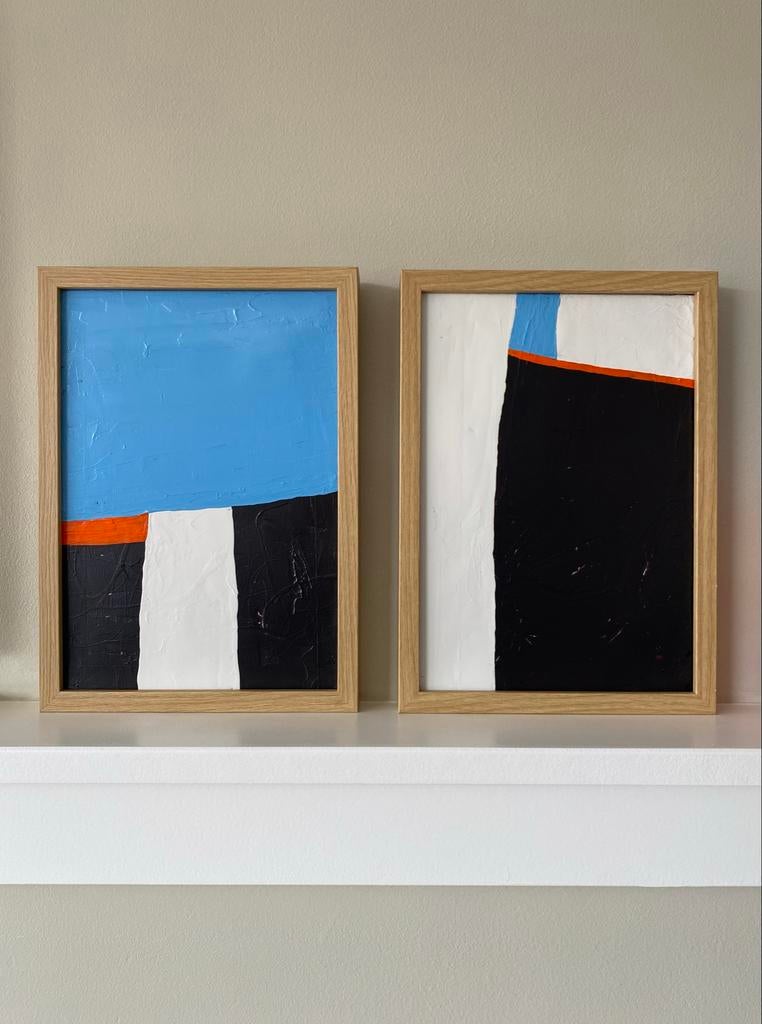 Tweeluik abstracte schilderijen 21x30 inclusief lijst, Ophalen of Verzenden