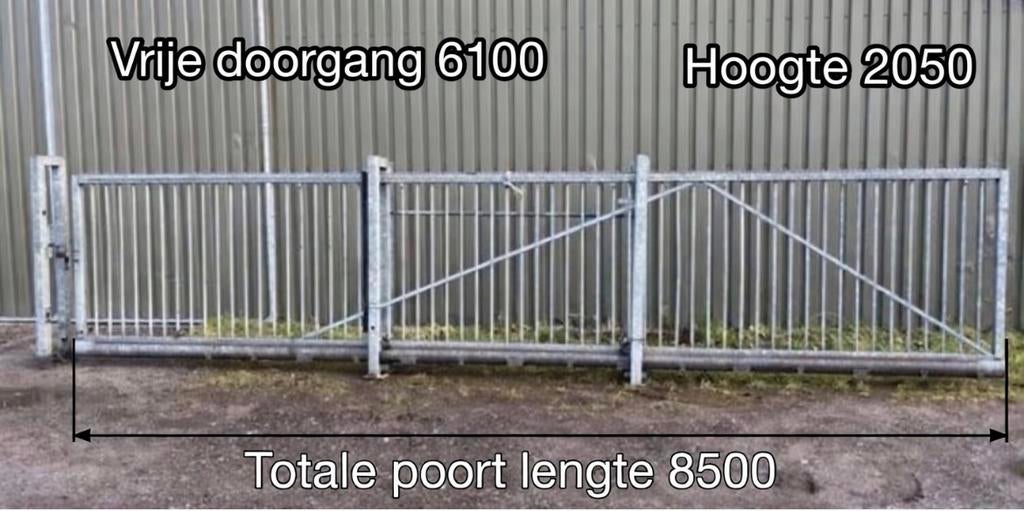 Gegalvaniseerde schuifpoort 8500 mm – vrije doorgang 6100 mm, Ophalen, Zo goed als nieuw, IJzer, Spijlenhekwerk