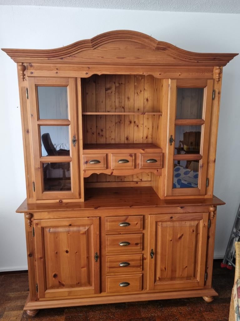 Massief grenen buffetkast met vitrine en lades, Ophalen, Met deur(en), 200 cm of meer, 150 tot 200 cm