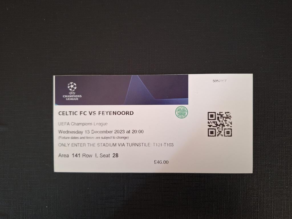 Ticket Celtic FC - Feyenoord ., Verzamelen, Sportartikelen en Voetbal, Verzenden, Nieuw, Feyenoord, Overige typen