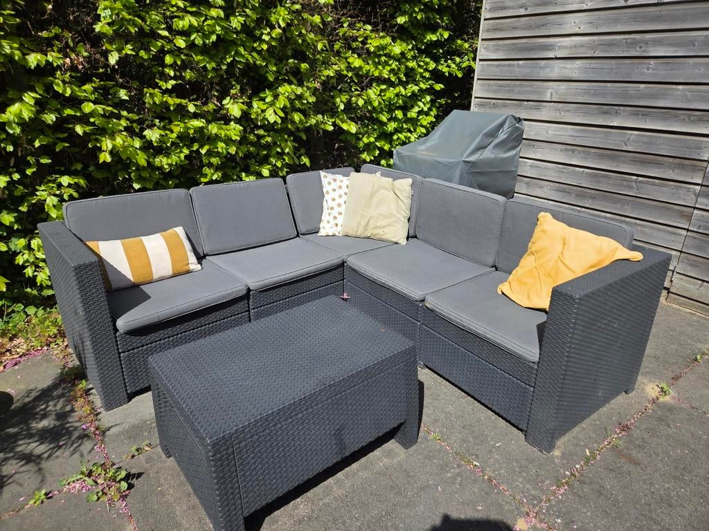 Grijze Wicker Loungeset met Kussens en Bijzettafel, Tuin en Terras, Tuinsets en Loungesets, Ophalen of Verzenden
