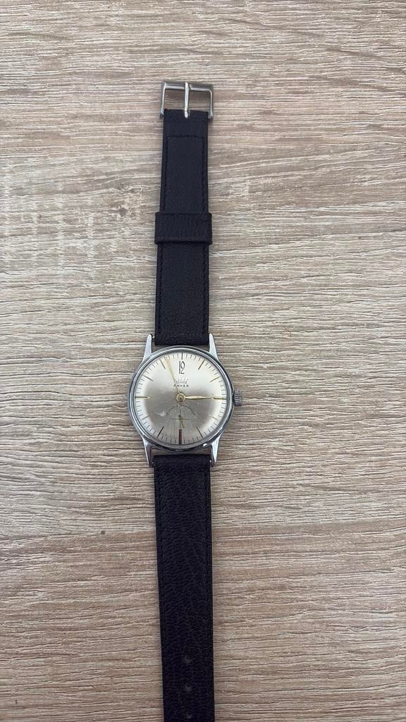 Vintage Anker Handopwind Herenhorloge met Kleine Seconde, Ophalen of Verzenden, Zo goed als nieuw, Leer, Overige merken