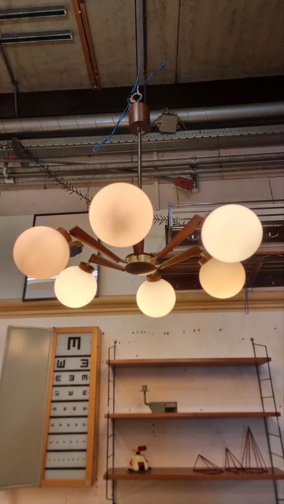 Vintage hanglamp kroonluchter Jaren 50 60, Huis en Inrichting, Lampen | Plafondlampen, Gebruikt, Glas, Ophalen of Verzenden