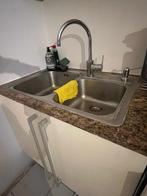 Dubbele sink RVS spoelbak met kraan en zeepdispenser, Ophalen, Gebruikt