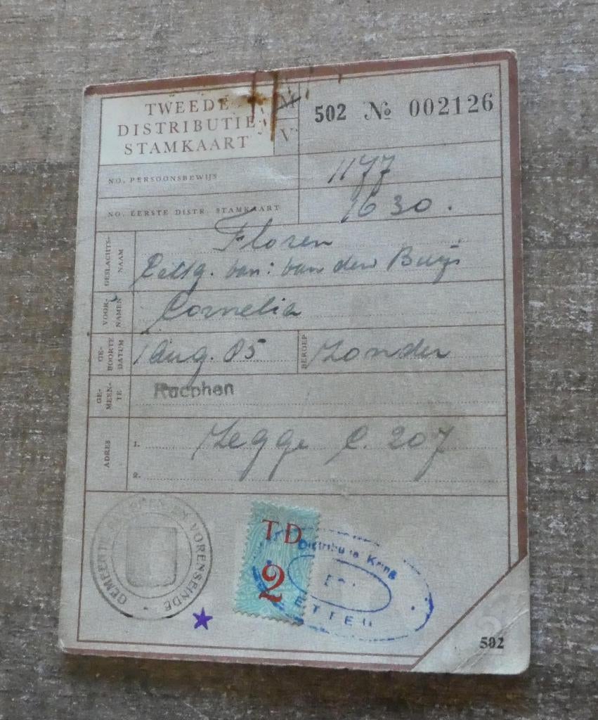 Tweede Distributie stamkaart Rucphen inlegvel wo2 NR. 002126, Verzamelen, Militaria | Tweede Wereldoorlog, Ophalen of Verzenden