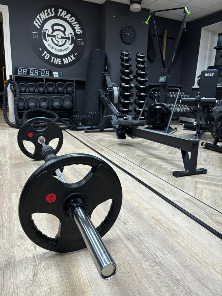 Koopje! Barbell, 25 kilo schijf/plate, collars, alles nieuw!, Nieuw, Ophalen of Verzenden, ., Info@fitnesstradingtothemax.nl