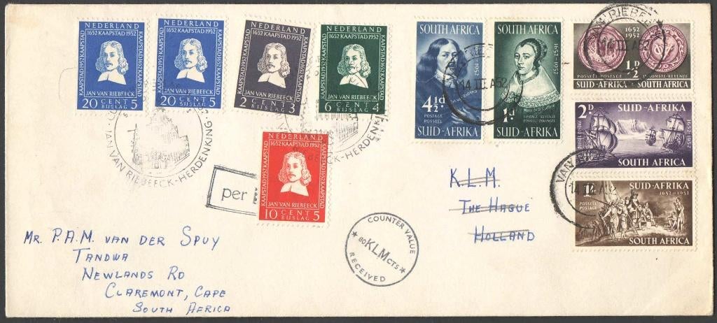 Nederland Brief met 2 verschillende sets Jan van Riebeeck, Postzegels en Munten, Ophalen of Verzenden, Envelop