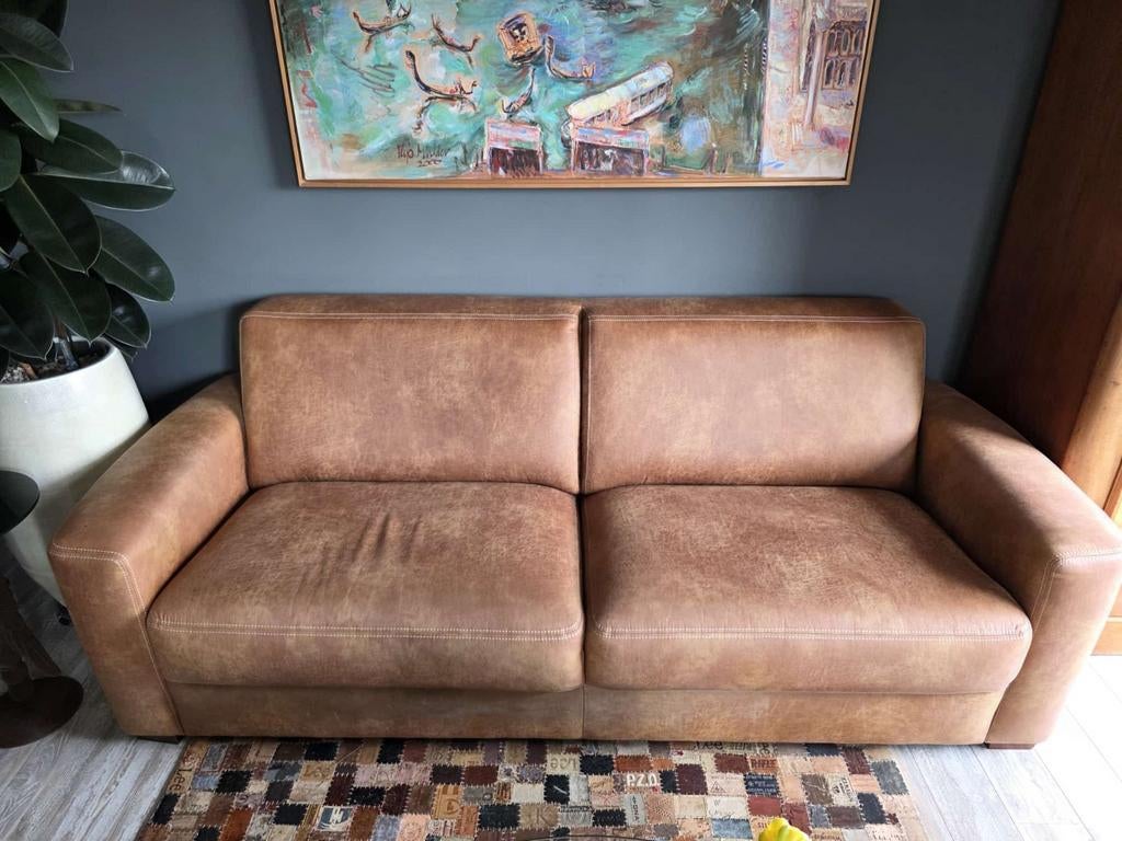 Vintage 3-zits bank in cognac gazelle leer, Huis en Inrichting, Banken | Bankstellen, Ophalen, Vintage, Industrieel, Tijdloos