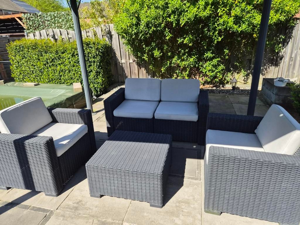Loungeset antraciet met kussens, Tuin en Terras, Ophalen, 4 zitplaatsen, Kunststof, Gebruikt